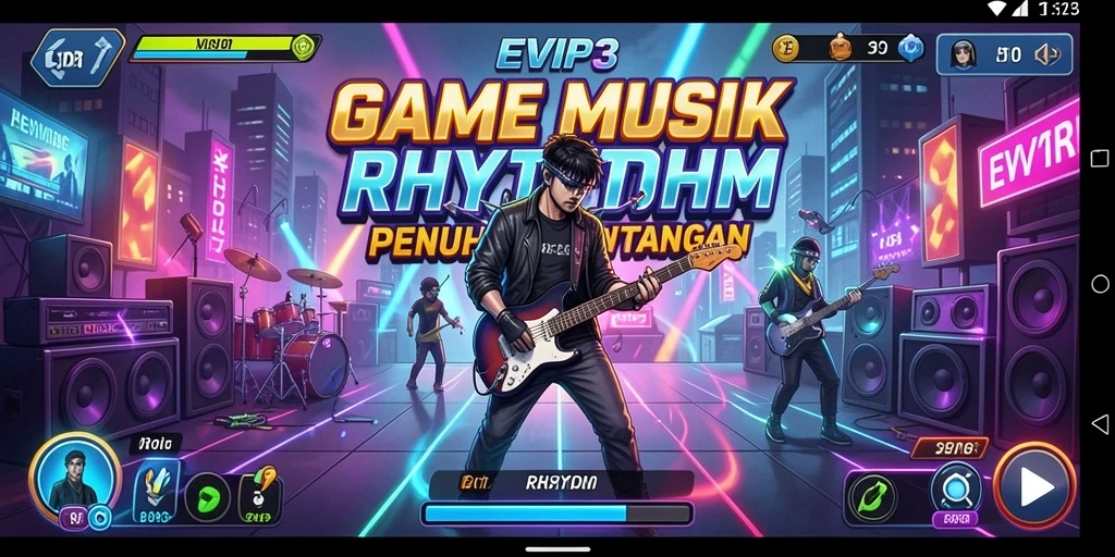 Tampilan antarmuka EVIP3 dengan berbagai pilihan lagu dan fitur musik rhythm.