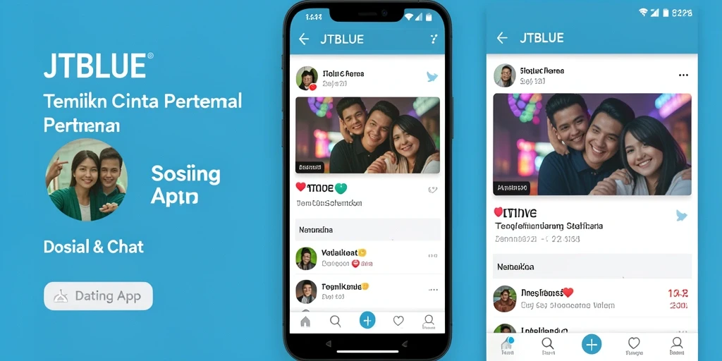 Antarmuka menarik dari aplikasi dating JTBLUE yang mempermudah pencarian pasangan.