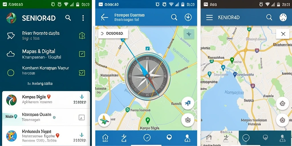 Antarmuka aplikasi SENIOR4D dengan fungsi kompas digital yang efektif.