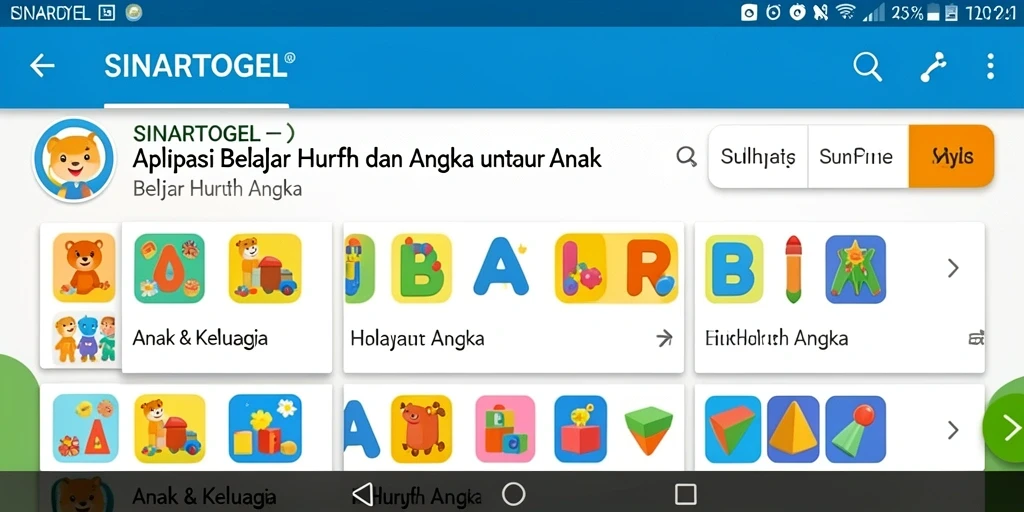 Antarmuka aplikasi SINARTOGEL memikat dan edukatif untuk belajar huruf dan angka.